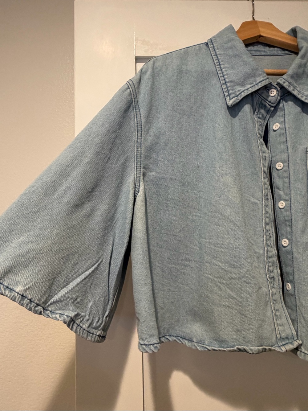 Amazon Light Blue Denim Cropped Button-Down Shirt - Picture 2 of 4